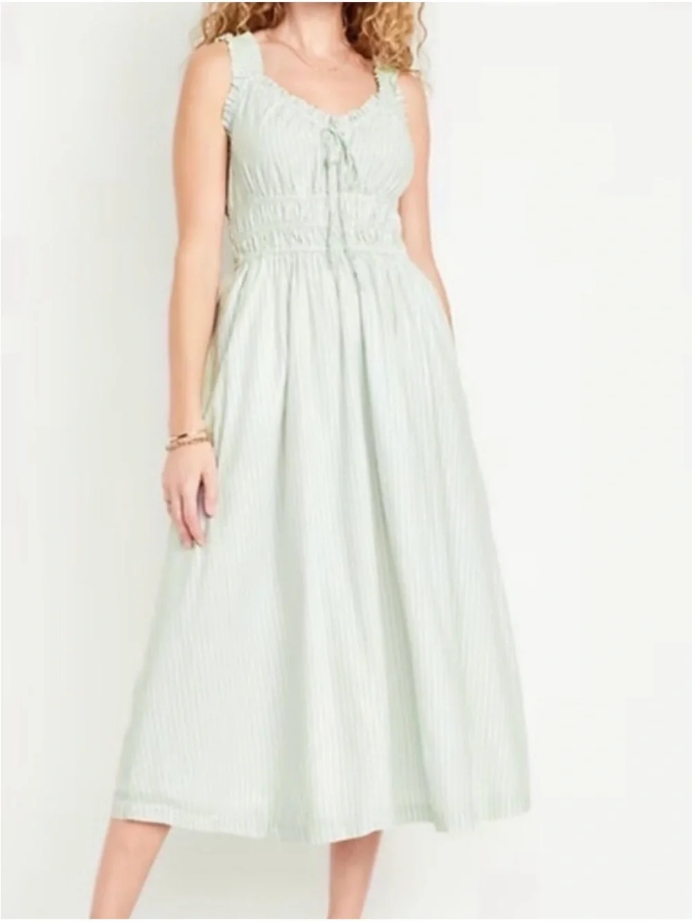 Old Navy 100% Cotton Light Green Striped Smocked Midi Dress